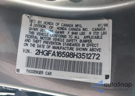 2008 Honda Civic Lx z USA, uszkodzony, nr VIN 2HGFA16598H351272